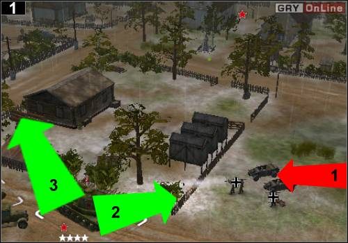 Na początku przyjadą dwa samochody z [1], z żołnierzami z bazookami i ciężkimi karabinami, które będą próbowały cię zatrzymać - [Rosja] Misja 6 [Opis 1] w Codename Panzers - Faza Pierwsza - Codename: Panzers - Faza Pierwsza - poradnik do gry