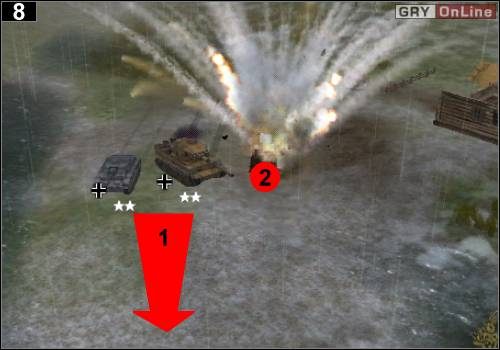 Mniej więcej w tym samym momencie na lewy posterunek powinny jechać dwa czołgi oraz wyrzutnia rakiet (strzałka [1]) - [Rosja] Misja 6 [Opis 3] w Codename Panzers - Faza Pierwsza - Codename: Panzers - Faza Pierwsza - poradnik do gry