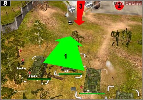 Wjedź czołgami na samą górę, do drugiej fabryki, jak pokazuje to strzałka [1] - [Rosja] Misja 7 [Opis 3] w Codename Panzers - Faza Pierwsza - Codename: Panzers - Faza Pierwsza - poradnik do gry