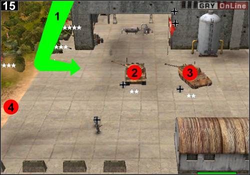 Wyjedź czołgami i ciężarówką naprawczą zza fabryki (strzałka [1]) - [Rosja] Misja 7 [Opis 5] w Codename Panzers - Faza Pierwsza - Codename: Panzers - Faza Pierwsza - poradnik do gry