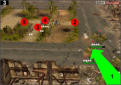 Wybierz swoje cztery IS 2 i wjedź nimi tak, jak pokazuje to strzałka [1] - [Rosja] Misja 8 [Opis 1] w Codename Panzers - Faza Pierwsza - Codename: Panzers - Faza Pierwsza - poradnik do gry