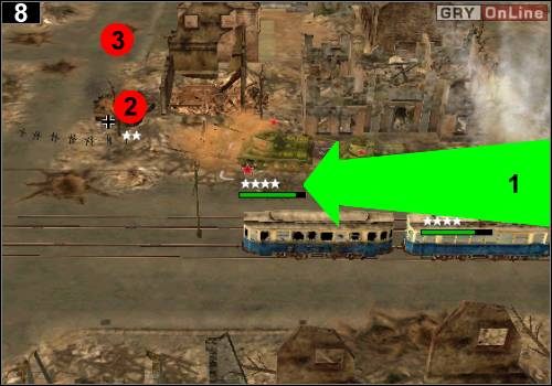 Jedź czołgami z ciężarówką naprawczą oraz działami za nimi tak jak pokazuje to strzałka [1] - [Rosja] Misja 8 [Opis 3] w Codename Panzers - Faza Pierwsza - Codename: Panzers - Faza Pierwsza - poradnik do gry