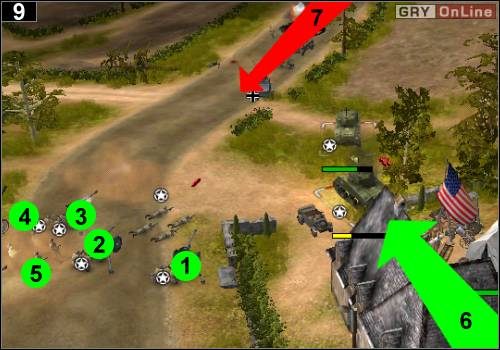 Zanim dojadą czołgi, ty rozstaw działa - zwykłe w [1], [2], [3] i [4], natomiast LeFh 18 za nimi, w [5] - [Alianci] Misja 2 [Opis 3] w Codename Panzers - Faza Pierwsza - Codename: Panzers - Faza Pierwsza - poradnik do gry