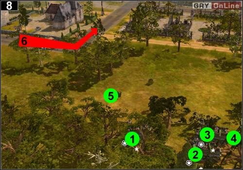 Ustaw działa w [1], [2], [3] i [4], a Jeffreya w [5] - [Alianci] Misja 3 [Opis 3] w Codename Panzers - Faza Pierwsza - Codename: Panzers - Faza Pierwsza - poradnik do gry