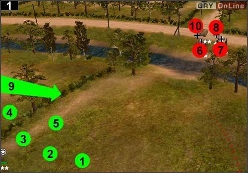 Ustaw działa w [1], [2], [3] i [4], natomiast Jeffreya postaw w [5] - [Alianci] Misja 4 [Opis 1] w Codename Panzers - Faza Pierwsza - Codename: Panzers - Faza Pierwsza - poradnik do gry