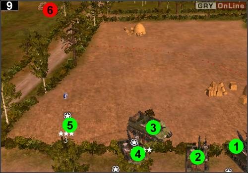 Na razie nie niszcz piątego działa przeciwlotniczego, wybierz Priesty i Jeffreya i jedź do miejsca pokazanego na powyższym obrazku, w stronę artylerii - [Alianci] Misja 4 [Opis 3] w Codename Panzers - Faza Pierwsza - Codename: Panzers - Faza Pierwsza - poradnik do gry