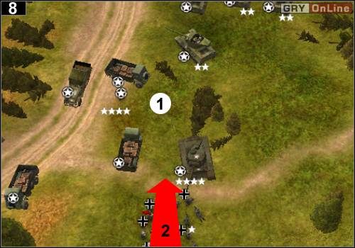 Zgrupuj całe wojsko (prócz zostawionego czołgu) wokół punktu [1] - [Alianci] Misja 5 [Opis 3] w Codename Panzers - Faza Pierwsza - Codename: Panzers - Faza Pierwsza - poradnik do gry