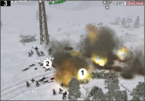 Na pierwsze dwie grupy piechoty używaj artylerii - wskazuj cel tuż przed żołnierzami wroga ([1], [2]) i dokończ ich czołgiem i działami - [Alianci] Misja 7 [Opis 2] w Codename Panzers - Faza Pierwsza - Codename: Panzers - Faza Pierwsza - poradnik do gry