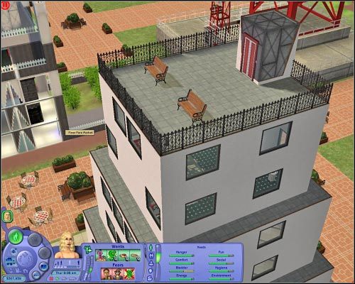 Dachy budynków zapewniają świetny widok na okolicę, dając też okazję do chwili relaksu. - Parcele publiczne | Osiedlowe życie | The Sims 2 - The Sims 2 - Pełna Kolekcja - poradniki