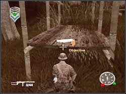 Dokumenty dowódcy obozu odnajdziesz w jednym z prowizorycznych domków, ukazałem go na screenie - Montys People (3) | Misja 06 | ShellShock Nam 67 - ShellShock: Nam 67 - poradnik do gry