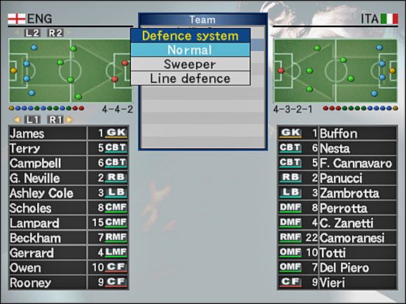 Defence system - ta opcja pozwala nam ustalić, jakim systemem będzie grała linia obrony - Defence system | Ustawienia zespołu | Pro Evolution Soccer 4 - Pro Evolution Soccer 4 - poradnik do gry