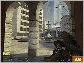 Po znalezieniu kolejnej dziury w podłodze (#250), obejdź ją dookoła i rzuć granatem w kierunku dwóch stacjonarnych karabinów maszynowych - Anticitizen One (5) | Solucja Half-Life 2 - Half-Life 2 - poradnik do gry