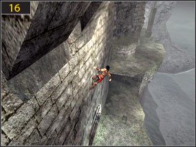 Tam wybiegamy na górę za pomocą PPM [15], chwytając się jednocześnie brzegu skały - Wrak - Plaża - teraźniejszość | Prolog, Wrak | Prince of Persia Dusza Wojownika - Prince of Persia: Dusza Wojownika - poradnik do gry
