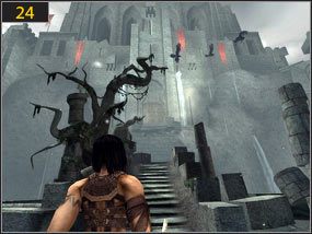 Na drugą stronę przedostaniemy się po murze obok bramy [23], aby dotrzeć w miejsce, gdzie zaczynają się schody w kierunku zamku [24] - Zrujnowana forteca - Wejście do fortecy - teraźniejszość | Zrujnowana forteca, Pierwsze kroki w przeszłość - Prince of Persia: Dusza Wojownika - poradnik do gry
