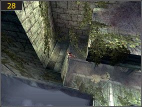 Przeskakujemy przez rozpadlinę [27] i wspinamy się po wystających półkach [28] - Zrujnowana forteca - Wejście do fortecy - teraźniejszość | Zrujnowana forteca, Pierwsze kroki w przeszłość - Prince of Persia: Dusza Wojownika - poradnik do gry
