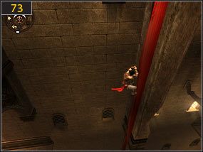 Przechodzimy po cienkiej belce [72] i skaczemy na zasłonę - pod sam koniec odbijamy się tak, aby skoczyć na następny balkon [73] - Południowe przejście - przeszłość (2) | W pogoni za dziewczyną w czerni - Prince of Persia: Dusza Wojownika - poradnik do gry