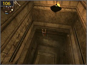 W kolejnym pomieszczeniu ponownie czeka nas wspinaczka w górę - najpierw jeden gzyms [105], potem drugi [106] - Ołtarz ofiarny - przeszłość (2) | Dama w niebezpieczeństwie, Mroczna dłoń losu - Prince of Persia: Dusza Wojownika - poradnik do gry