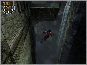 Na końcu korytarza opuszczamy się w dół [141] i idąc po gzymsie skaczemy na drugą stronę w kierunku kolumny [142] - Południowe przejście - teraźniejszość (3) | Dama w niebezpieczeństwie, Mroczna dłoń losu - Prince of Persia: Dusza Wojownika - poradnik do gry