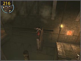 Z platformy skaczemy na najbliższą kolumnę [215] i potem na kolejne, do momentu aż nie dotrzemy do fragmentu drewnianej ściany [216], z której skaczemy w kierunku platformy po prawej - Mechaniczna wieża - przeszłość (1) | Trybiki i śrubki | PoP Dusza Wojownika - Prince of Persia: Dusza Wojownika - poradnik do gry