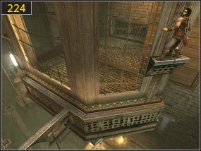 Wspinamy się na belkę, a z niej skaczemy w kierunku drewnianego balkonu [223] - Mechaniczna wieża - przeszłość (2) | Trybiki i śrubki | PoP Dusza Wojownika - Prince of Persia: Dusza Wojownika - poradnik do gry