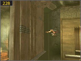 Stamtąd skaczemy na wystający ze ściany gzyms [227], aby potem przeskoczyć na obrotową drewnianą ścianę [228] - Mechaniczna wieża - przeszłość (2) | Trybiki i śrubki | PoP Dusza Wojownika - Prince of Persia: Dusza Wojownika - poradnik do gry