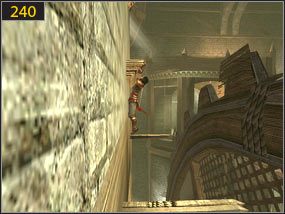 Na samym szczycie ponownie musimy przeskoczyć pomiędzy wielkim-drewnianym-wirującym-czymś [239] i zawisnąć na gzymsie [240] - Mechaniczna wieża - przeszłość (3) | Trybiki i śrubki | PoP Dusza Wojownika - Prince of Persia: Dusza Wojownika - poradnik do gry