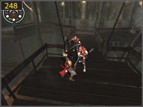 Z bloku owego wskakujemy na linę [247], a z niej dostajemy się na wyższy poziom - Mechaniczna jama - przeszłość (1) | Trybiki i śrubki | PoP Dusza Wojownika - Prince of Persia: Dusza Wojownika - poradnik do gry