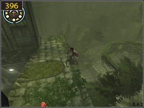 Zaraz przy wejściu do głównego ogrodu stoi blok skalny -wchodzimy na niego i wskakujemy na drewnianą belkę obrośniętą liśćmi [395] - Hol ogrodowy - teraźniejszość | Woda i ogrody | Prince of Persia Dusza Wojownika - Prince of Persia: Dusza Wojownika - poradnik do gry
