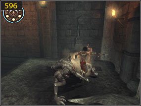 Z drążka skaczemy w kierunku ściany [595], odbijamy się od niej, opuszczamy się po płótnie na dół, gdzie walczymy ze zwierzętami [596] - Święte jaskinie - teraźniejszość (2) | Twarz czasu | PoP Dusza Wojownika - Prince of Persia: Dusza Wojownika - poradnik do gry