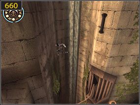 Z muru po ścianie docieramy do płótna [659], na nim zjeżdżamy w dół - Klif - przeszłość (1) | Ścieżka upiora piasku | Prince of Persia Dusza Wojownika - Prince of Persia: Dusza Wojownika - poradnik do gry