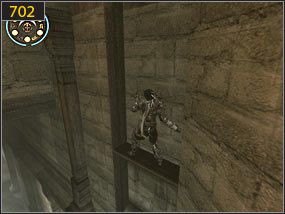 Przechodzimy po drewnianej konstrukcji [701], po czym uważne stąpamy po drewnianej belce tuż przy ścianie [702] - Biblioteka - przeszłość | Lustrzane przeznaczenie | PoP Dusza Wojownika - Prince of Persia: Dusza Wojownika - poradnik do gry