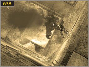 Przenosimy się w czasie [637], po czym chwilę później musimy uciekać przed Dahaką [638] - Hol ogrodowy - przeszłość | Drugie podejście | Prince of Persia Dusza Wojownika - Prince of Persia: Dusza Wojownika - poradnik do gry