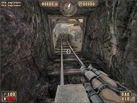 Zaczynamy w niskim podziemnym korytarzu na torach kolejki - 6.8 Podziemia cz.1 | Painkiller Battle Out of Hell - Painkiller: Battle Out of Hell - poradnik do gry