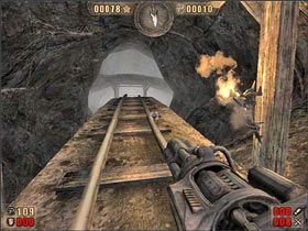Chwilę później kolejka przyspiesza, przeskakujemy nad wyrwą w torach a potem kolejne dwa wypełnione wrogami pomieszczenia - 6.8 Podziemia cz.2 | Painkiller Battle Out of Hell - Painkiller: Battle Out of Hell - poradnik do gry