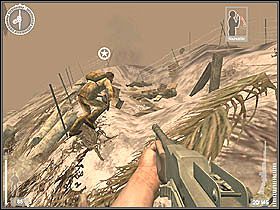 Na górze trzeba wrzucić ładunek żółtkom i wiać co sił, aby nie wylecieć razem z nimi w powietrze, jednak nie uciekajcie za daleko, bo już po chwili należy wrócić w to miejsce na górę - Tarawa (9) | Kampania 4 | Medal of Honor Wojna na Pacyfiku - Medal of Honor: Wojna na Pacyfiku - poradnik do gry