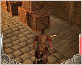 Po krótkiej wędrówce dojdziesz do skrzyń [1], za którymi się schowaj przed wzrokiem strażnika - Misja 1 (cz.1) | Augustus W służbie Cezara - Augustus: W służbie Cezara - poradnik do gry