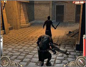 Po krótkiej rozmowie wróć do budynku, przed którym wykończyłeś trójkę strażników, przejdź przez plac znajdujący się przed nim i skieruj się do drewnianych drzwi [1] - Misja 4 (cz.1) | Augustus W służbie Cezara - Augustus: W służbie Cezara - poradnik do gry