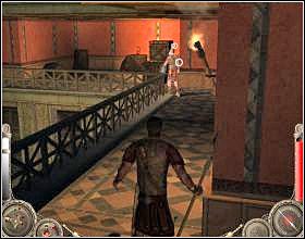 Wejdź ostrożnie po schodach na górę i rzuć pilum w stojącego naprzeciw ciebie strażnika [1] - Misja 6 (cz.1) | Augustus W służbie Cezara - Augustus: W służbie Cezara - poradnik do gry