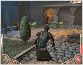 Kiedy znajdziesz się na balkonie skręć w prawo i kontynuuj, aż znajdziesz się na placu, rozciągającym się nad ogrodem, gdzie załatw przechadzającego się wroga [1] - Misja 9 (cz.2) | Augustus W służbie Cezara - Augustus: W służbie Cezara - poradnik do gry