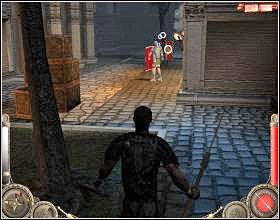 Nie wskakuj do dziury przed tobą, tylko przejdź po dachu w lewo, gdzie będziesz mógł zeskoczyć do ciemnego zaułka [1] - Misja 11 (cz.1) | Augustus W służbie Cezara - Augustus: W służbie Cezara - poradnik do gry