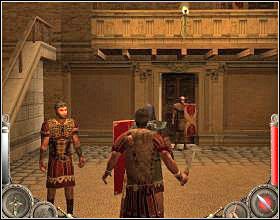 Po skończonym dialogu podejdź do jednego z manekinów, znajdujących się na placu i użyj na nim sztyletu, a następnie miecza [1] - Misja 1 (cz.2) | Augustus W służbie Cezara - Augustus: W służbie Cezara - poradnik do gry