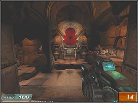 Po krótkiej wędrówce dotrzesz do końca jaskini (#14), gdzie czekać Cię będzie pierwszy pojedynek z wysłanym przez Malcolma Betrugera Łowcą - Erebus - Level 2 cz.1 | Doom 3 Resurrection of Evil - Doom 3: Resurrection of Evil - poradnik do gry