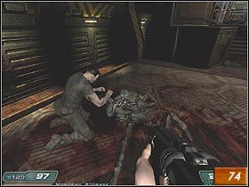 Po opuszczeniu komory spotkasz jednego z marines (#74), który majstruje przy małym robocie - Erebus - Level 6 cz.1 | Doom 3 Resurrection of Evil - Doom 3: Resurrection of Evil - poradnik do gry