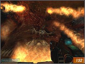 Pierwszy etap rozgrywki polega na nieustannym atakowaniu latającego demona przy pomocy najmocniejszych środków zagłady - Hell | Doom 3 Resurrection of Evil - Doom 3: Resurrection of Evil - poradnik do gry