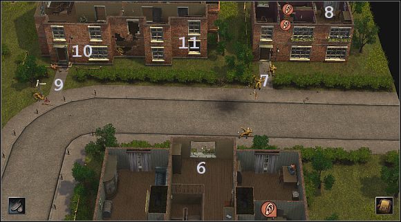 Snajperowi każ wejść po schodach (5 ) na piętro i zająć miejsce przy oknie (6 ) - dokładnie nad żołnierzem i grenadierem - [Oś] (Północna Anglia) Biuro brytyjskiego komendanta do Silent Storm - Silent Storm - poradnik do gry