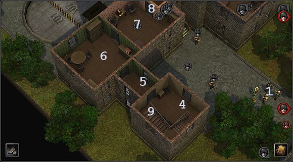 Snajpera ustaw przy oknie (4 ) (uważając przy tym oczywiście, by wychylać się tylko podczas strzelania) i stopniowo wyeliminuj wszystkich kręcących się na dole wrogów - [Oś] (Brandenburgia) Niemiecka posiadłość | Silent Storm - Silent Storm - poradnik do gry