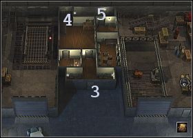 Wejdź teraz do wnętrza fabryki (3 ) i - pamiętając o tym, by nie wyrządzać niepotrzebnych szkód (wiem, że liczne na tej mapie zbiorniki z paliwem kuszą, ale cywile są niezbyt wytrzymali) - przebij się do schodów (4 ) - [Alianci] (Szwajcaria) Fabryka Bergera (1) | Silent Storm - Silent Storm - poradnik do gry