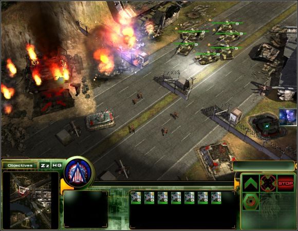 Poczekaj, aż pojawią się posiłki w postaci dwóch samobieżnych artylerii, po czym wyrusz czołgami w drogę powrotną - Misja 9 | Misje 6-10 | Act of War Direct Action - Act of War: Direct Action - poradnik do gry