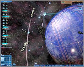 Ważne: nasze statki nie mogą zbliżyć się bardziej niż na 3-4 km (bezpieczna odległość to 5 km) do bramy bo inaczej zostaną do niej wessane - Misja 25 - The Fight for Earth | Kampania 6 | Nexus The Jupiter Incident - Nexus: The Jupiter Incident - poradnik do gry