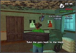 W absolutnej ciszy przeszukaj dom, zlokalizuj drewniane paki z bronią, wynieś je na zewnątrz i załaduj na ciężarówkę - GTA San Andreas: Ryder (R) - Los Santos, solucja, opis przejścia - GTA San Andreas - poradnik do gry